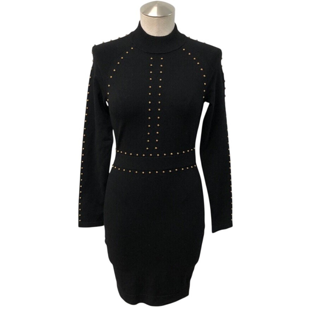 Karen Millen Studded Knit Dress Womens S Black Gold Stud Bodycon Mini Going Out
